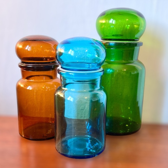 MCM Apothecary Jars Mid Century Glass Storage Canister Vintage Mushroom Lid - Picture 2 of 7